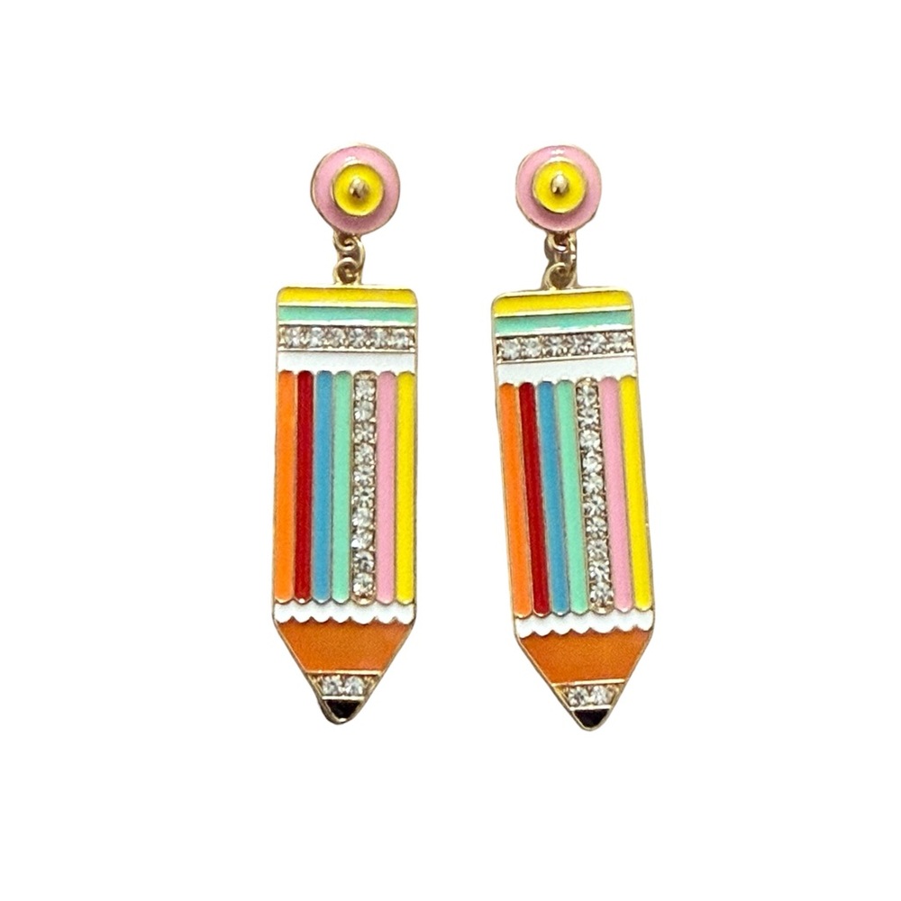 Pencil Earrings Rhinestones and  Enamel 2.5” long Teacher